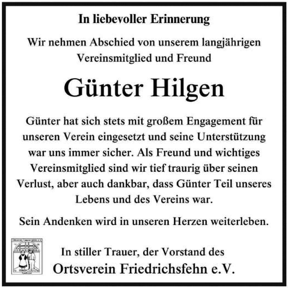  Traueranzeige für Günter Hilgen vom 10.09.2024 aus Nordwest-Zeitung