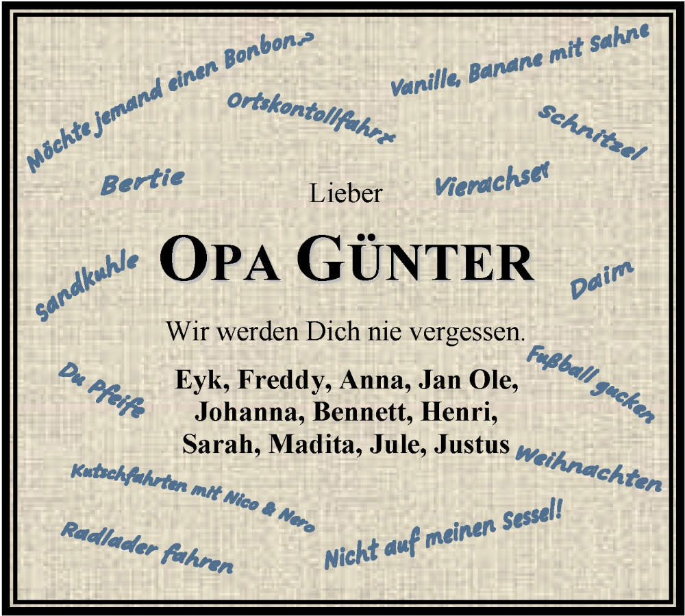  Traueranzeige für Günter Hilgen vom 10.09.2024 aus Nordwest-Zeitung