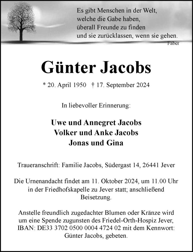  Traueranzeige für Günter Jacobs vom 28.09.2024 aus WZ/JW/AH