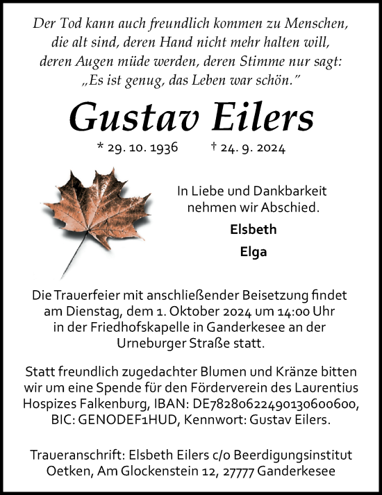 Traueranzeige von Gustav Eilers von Nordwest-Zeitung