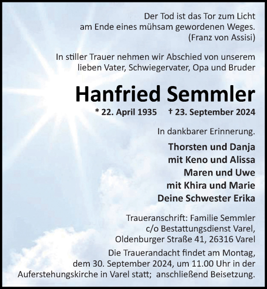 Traueranzeige von Hanfried Semmler von Nordwest-Zeitung