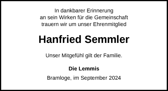 Traueranzeige von Hanfried Semmler von Nordwest-Zeitung