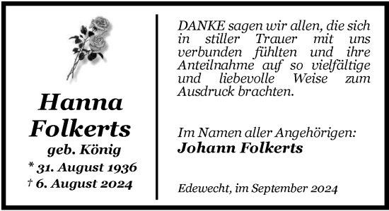 Traueranzeige von Hanna Folkerts von Nordwest-Zeitung