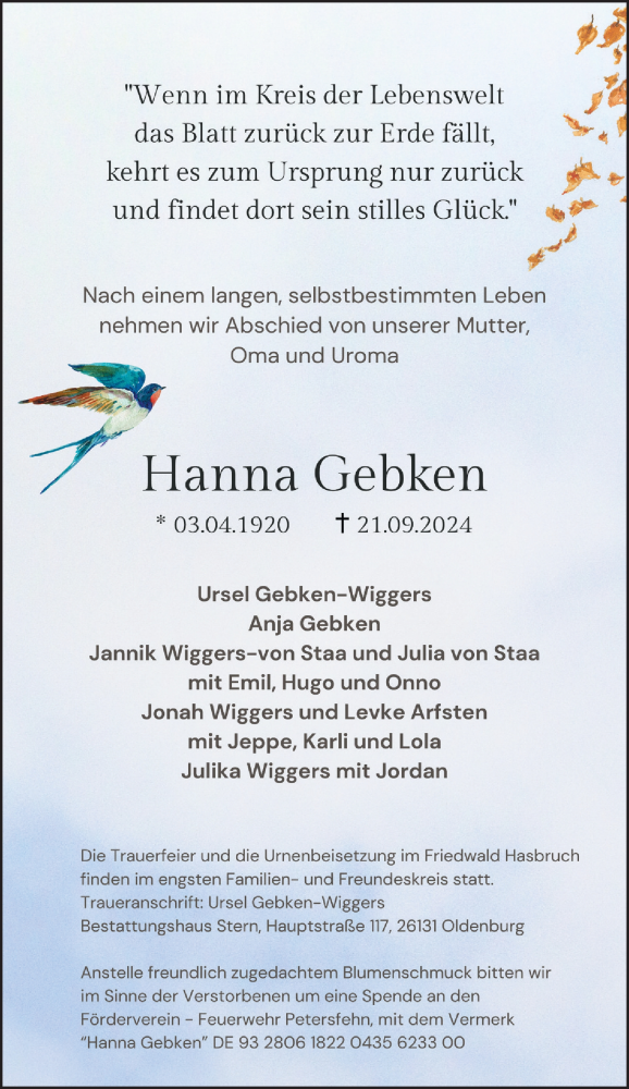  Traueranzeige für Hanna Gebken vom 28.09.2024 aus Nordwest-Zeitung