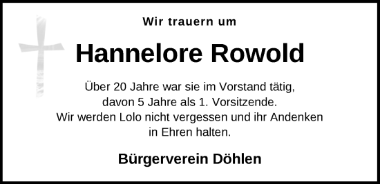 Traueranzeige von Hannelore Rowold von Nordwest-Zeitung