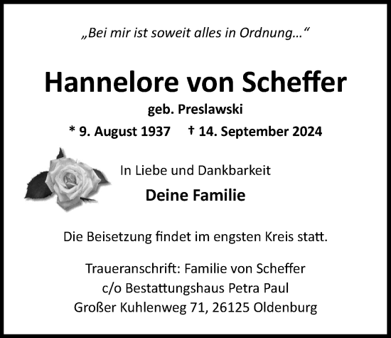 Traueranzeige von Hannelore von Scheffer von Nordwest-Zeitung