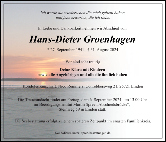 Traueranzeige von Hans-Dieter Groenhagen von Emder Zeitung