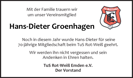 Traueranzeige von Hans-Dieter Groenhagen von Emder Zeitung