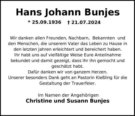 Traueranzeige von Hans Johann Bunjes von Nordwest-Zeitung