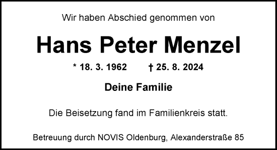 Traueranzeige von Hans Peter Menzel von Nordwest-Zeitung