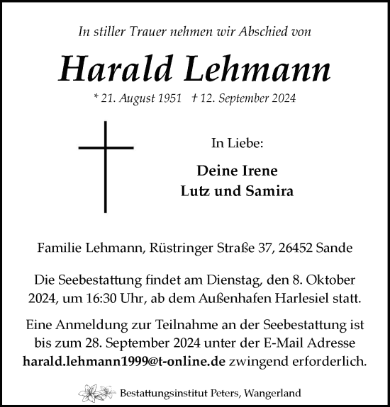 Traueranzeige von Harald Lehmann von WZ/JW/AH