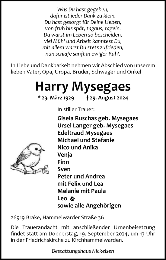 Traueranzeige von Harry Mysegaes von Nordwest-Zeitung