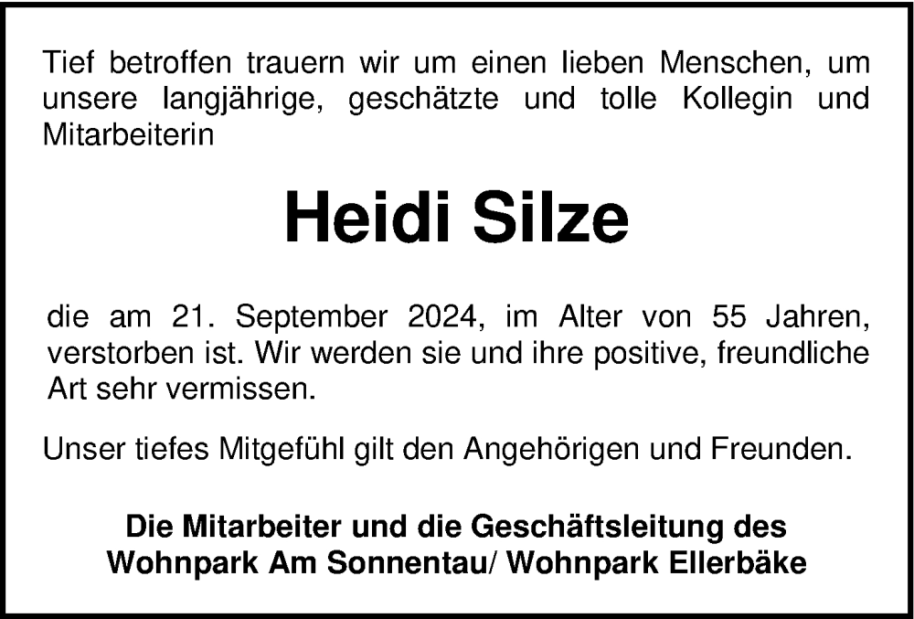 Traueranzeige für Heidi Silze vom 01.10.2024 aus Nordwest-Zeitung