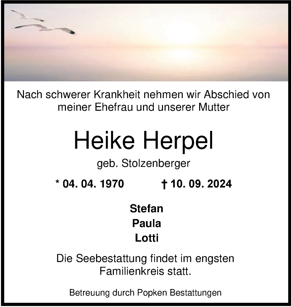  Traueranzeige für Heike Herpel vom 14.09.2024 aus WZ/JW/AH