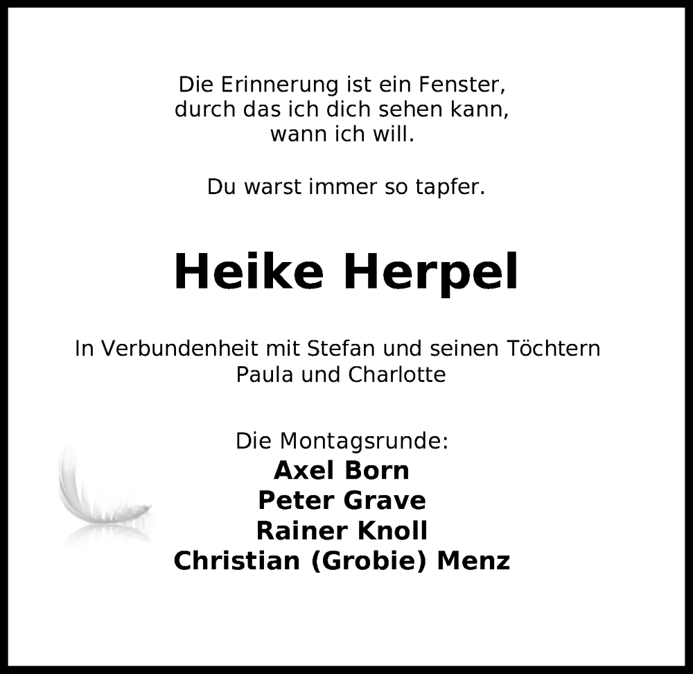  Traueranzeige für Heike Herpel vom 14.09.2024 aus WZ/JW/AH