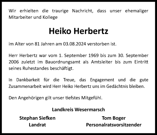 Traueranzeige von Heiko Herbertz von Nordwest-Zeitung