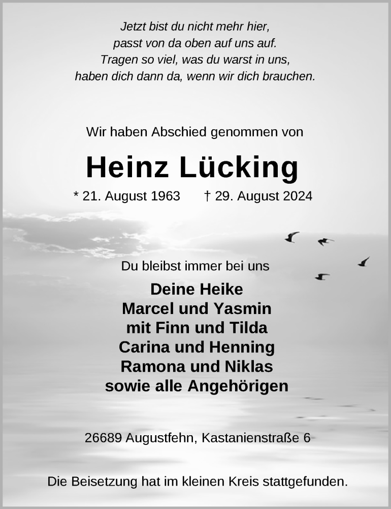  Traueranzeige für Heinz Lücking vom 19.09.2024 aus Nordwest-Zeitung