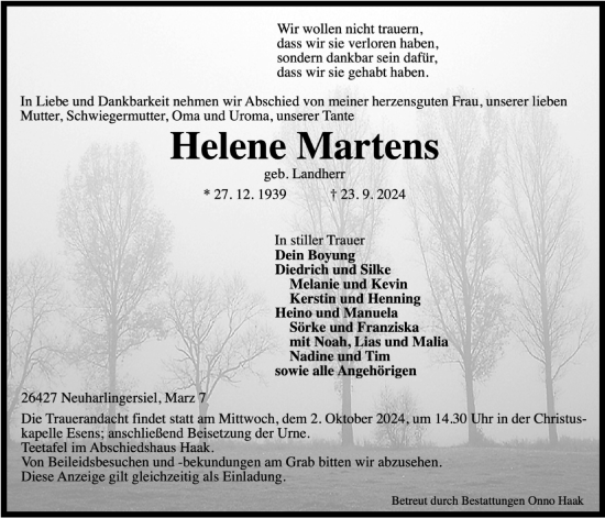 Traueranzeige von Helene Martens von WZ/JW/AH