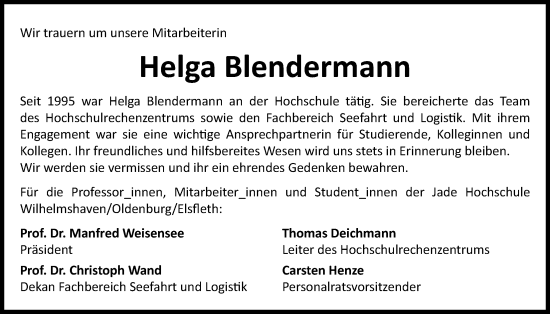 Traueranzeige von Helga Blendermann von Nordwest-Zeitung