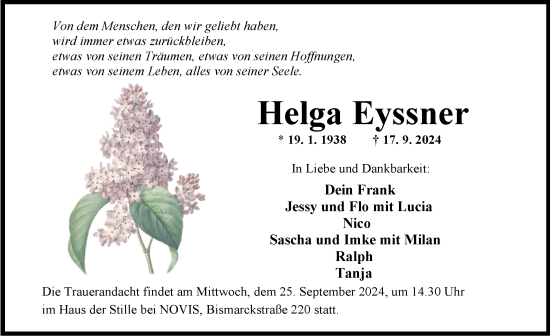 Traueranzeige von Helga Eyssner von WZ/JW/AH