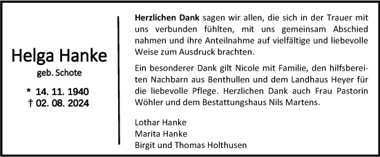 Traueranzeige von Helga Hanke von Nordwest-Zeitung