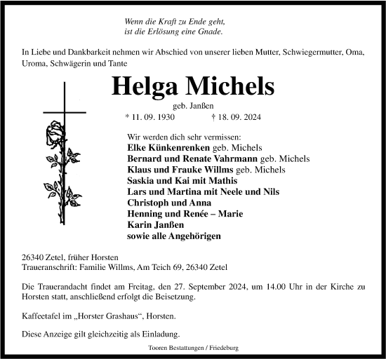 Traueranzeige von Helga Michels von WZ/JW/AH