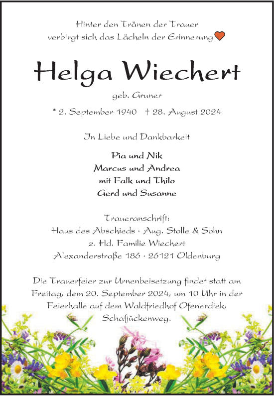 Traueranzeige von Helga Wiechert von Nordwest-Zeitung