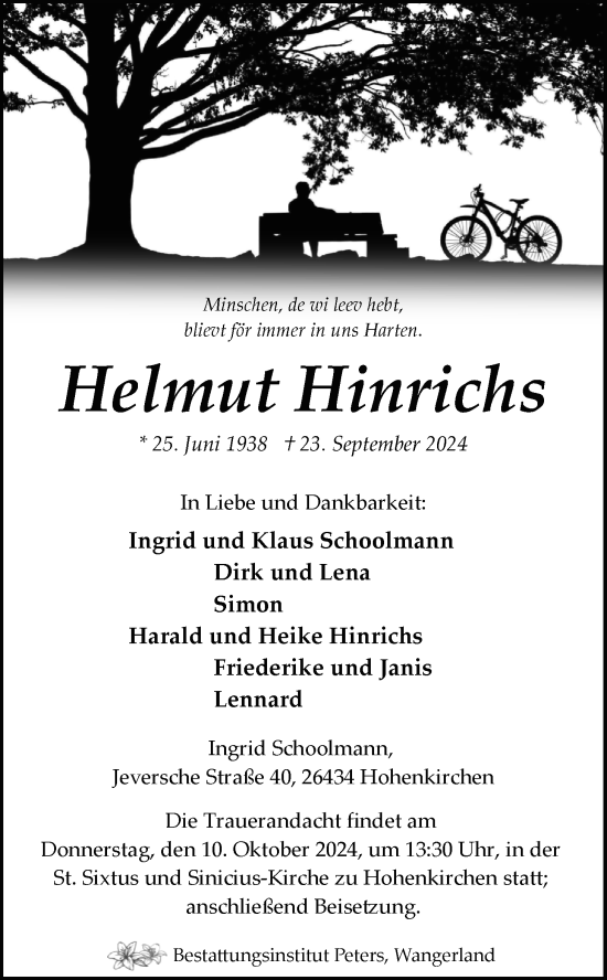 Traueranzeige von Helmut Hinrichs von WZ/JW/AH