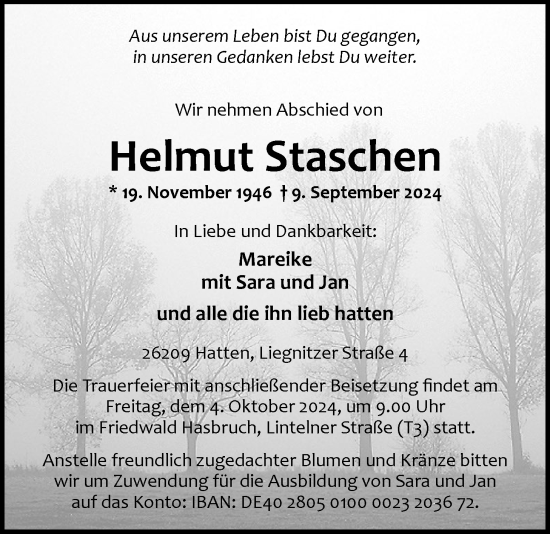 Traueranzeige von Helmut Staschen von Nordwest-Zeitung