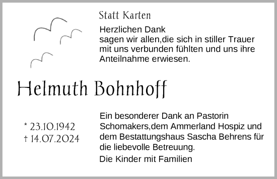 Traueranzeige von Helmuth Bohnhoff von Nordwest-Zeitung