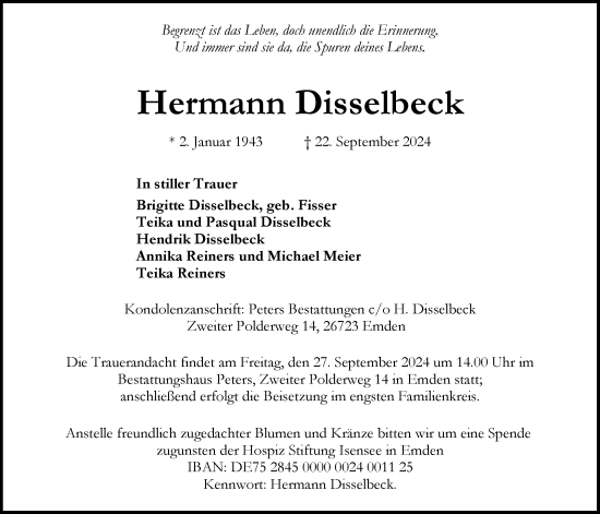 Traueranzeige von Hermann Disselbeck von Emder Zeitung