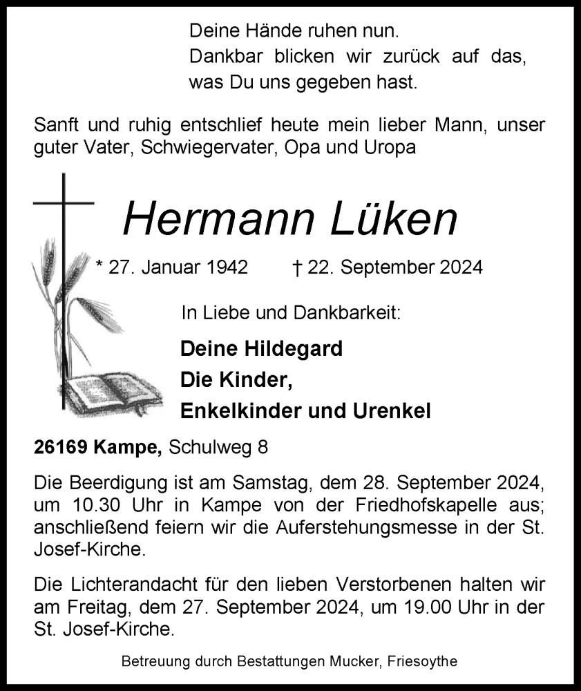  Traueranzeige für Hermann Lüken vom 25.09.2024 aus Nordwest-Zeitung