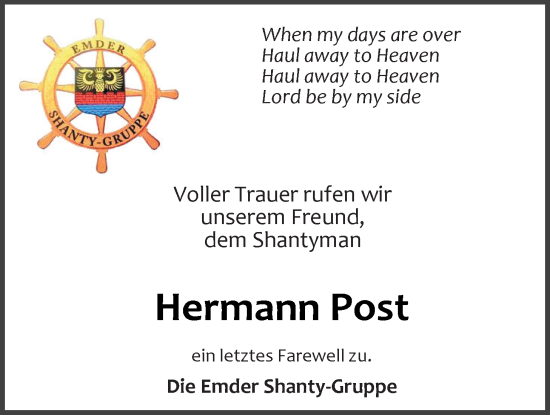 Traueranzeige von Hermann Post von Emder Zeitung