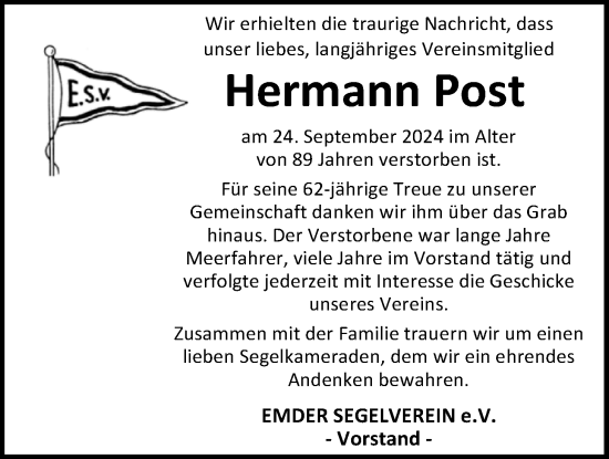 Traueranzeige von Hermann Post von Emder Zeitung