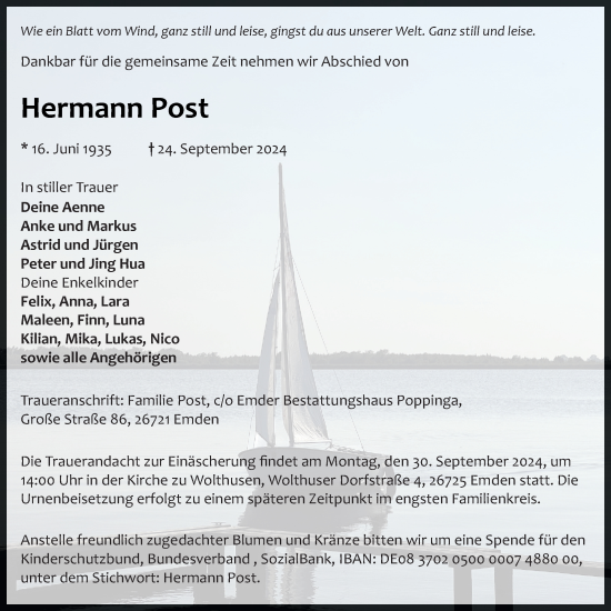 Traueranzeige von Hermann Post von Emder Zeitung