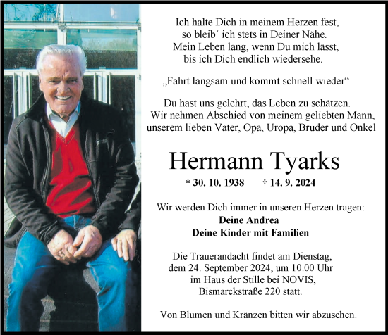 Traueranzeige von Hermann Tyarks von WZ/JW/AH