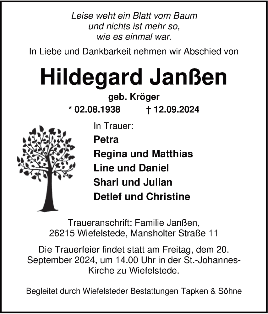  Traueranzeige für Hildegard Janßen vom 17.09.2024 aus Nordwest-Zeitung