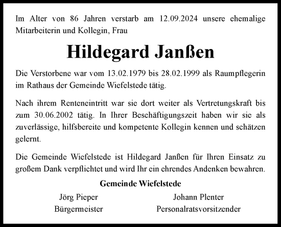 Traueranzeige von Hildegard Janßen von Nordwest-Zeitung