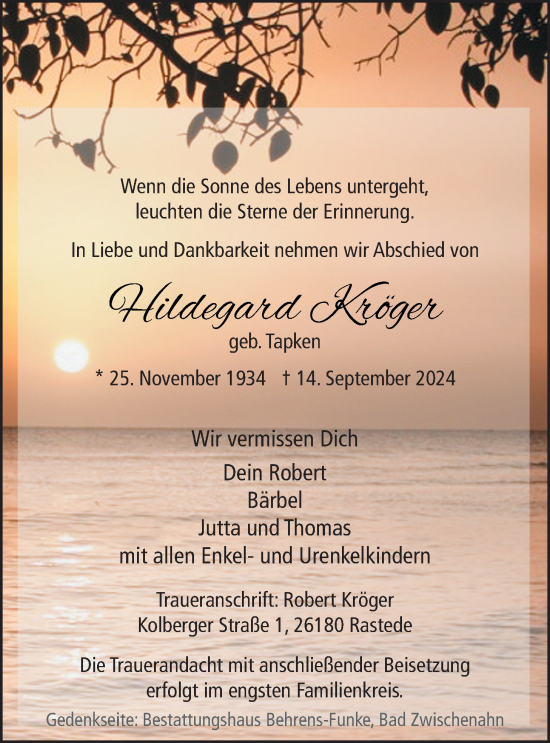 Traueranzeige von Hildegard Kröger von Nordwest-Zeitung