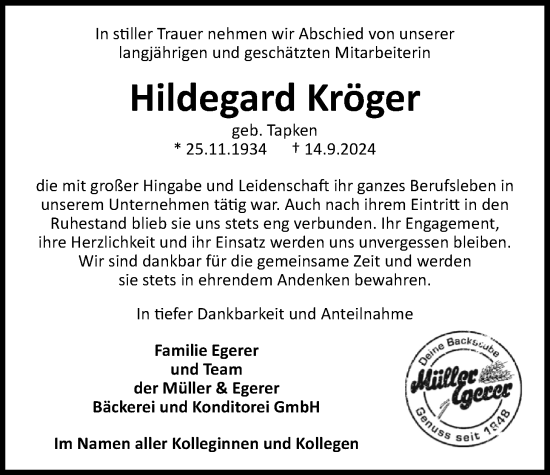 Traueranzeige von Hildegard Kröger von Nordwest-Zeitung