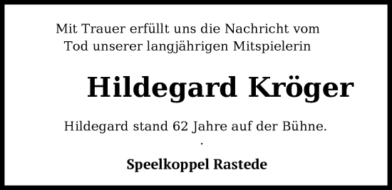 Traueranzeige von Hildegard Kröger von Nordwest-Zeitung