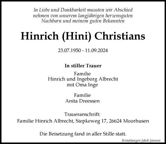 Traueranzeige von Hinrich Christians von Emder Zeitung