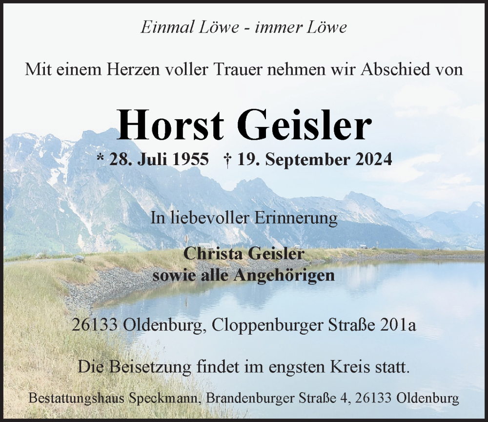  Traueranzeige für Horst Geisler vom 28.09.2024 aus Nordwest-Zeitung