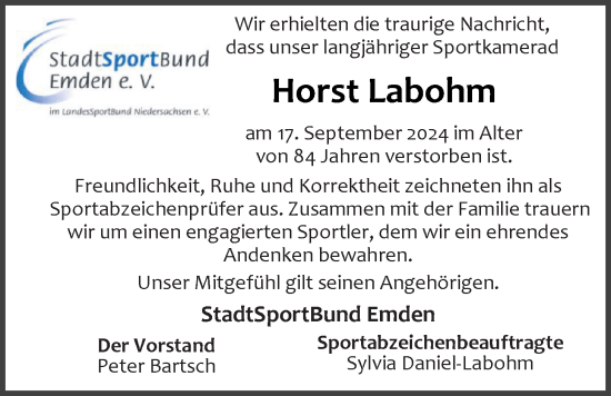 Traueranzeige von Horst Labohm von Emder Zeitung