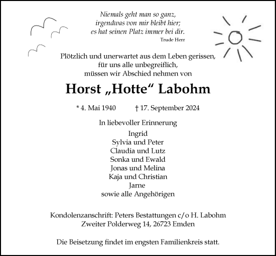 Traueranzeige von Horst Labohm von Emder Zeitung