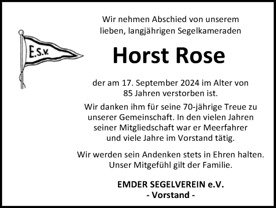 Traueranzeige von Horst Rose von Emder Zeitung