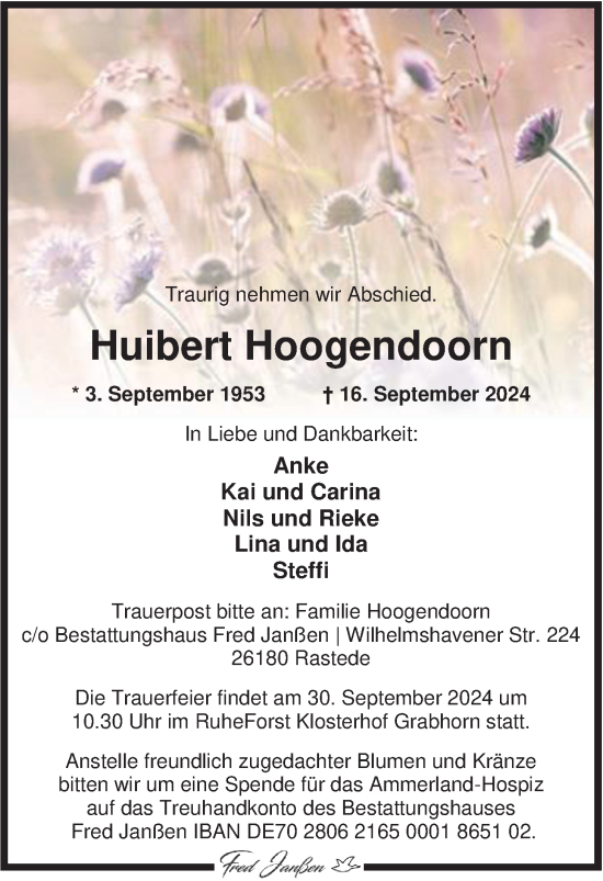 Traueranzeige von Huibert Hoogendoorn von Nordwest-Zeitung