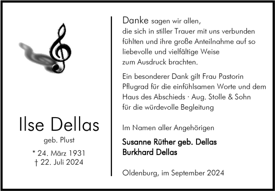 Traueranzeige von Ilse Dellas von Nordwest-Zeitung