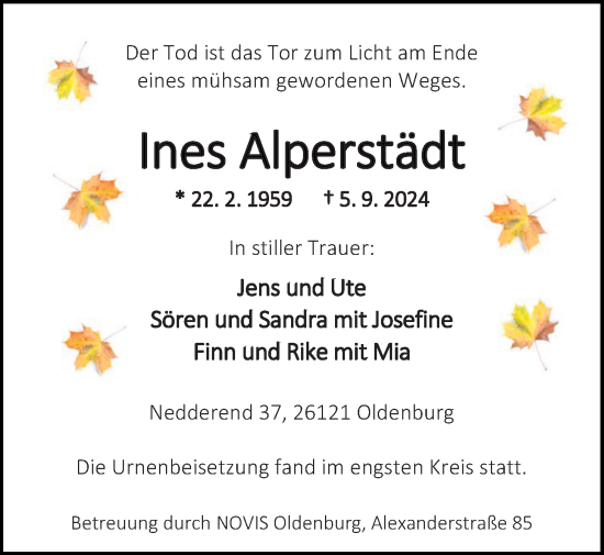 Traueranzeige von Inees Alperstädt von Nordwest-Zeitung