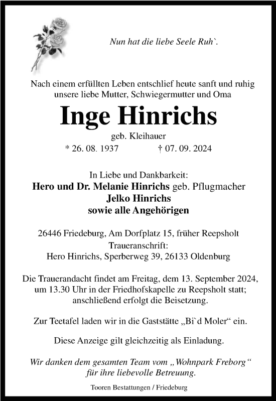 Traueranzeige von Inge Hinrichs von WZ/JW/AH